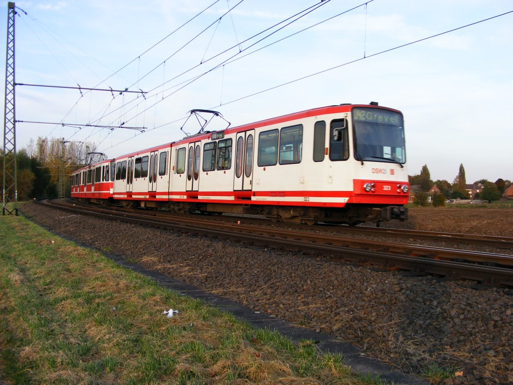 Eine Doppeltraktion aus Stadtbahnwagen B der Dortmunder Stadtwerke nhert sich am 14.10.2008 von Scharnhorst her der Endhaltestelle in Grevel.