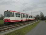 Ein Stadtbahnwagen B der Dortmunder Stadtwerke ist am 06.02.2004 zwischen Obernette und Westerfilde unterwegs.