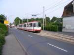 Eine Doppeltraktion aus DWAG-N8 der Dortmunder Stadtwerke ist am 16.05.2008 in Wickede unterwegs.