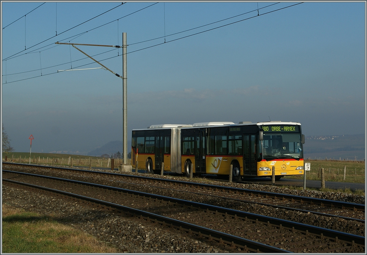 Ein Gelenk-Bus von Orbe kommend erreicht sei Ziel Arnex.
31. Jan. 2014