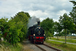 Am 17.07.2016 war 91 134 und 112 703 zwischen Greifswald und Ladebow unterwegs. Hier rollt die 91 134 des Technikmuseum Schwerin Richtung Greifswald.