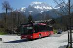 MAN Lions`s City von DB Oberbayernbus verl�sst die Ortschaft K�nigsee Richtung Berchtesgaden HBF, April 2019